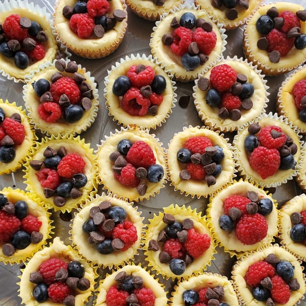 Overhead view of mini cheesecakes in yellow liners, topped with raspberries, blueberries, and chocolate chips.